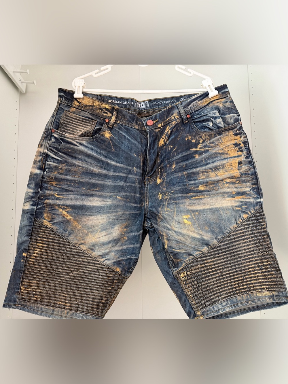 Jordan Craig Blue Denim Moto Jean Shorts with Gold Accents